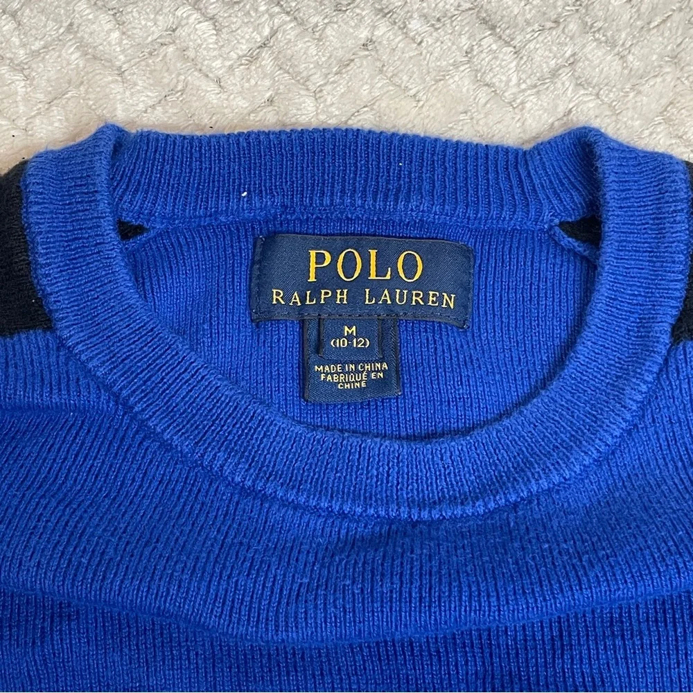 Polo Ralph Lauren Boys Classic Blue Striped Sweater Logo Size M 10-12 Preppy BTS